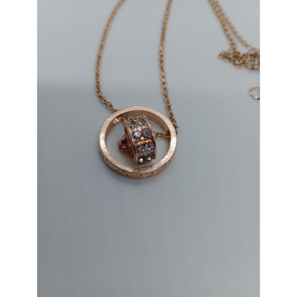 Rose Gold Heart Double Circle Rhinestone Pendant 16-18" Chain Necklace - Picture 4 of 6